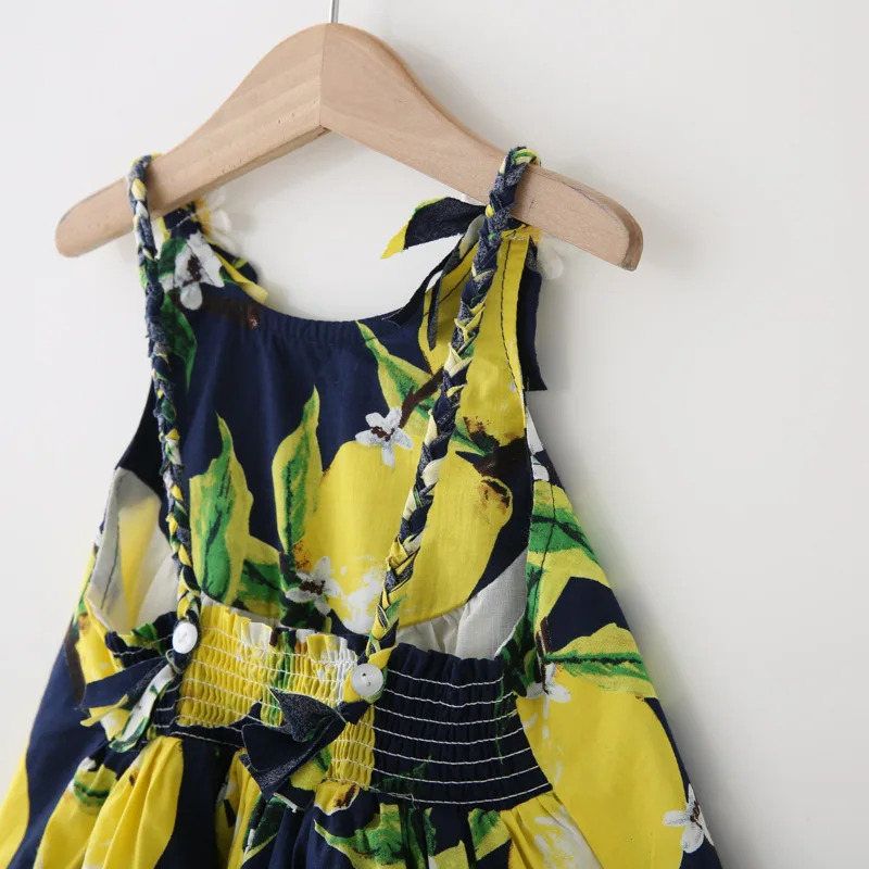 Girl summer clothing 2016 new sleeveless cotton child prints lemon dress skirt baby frock design pictures