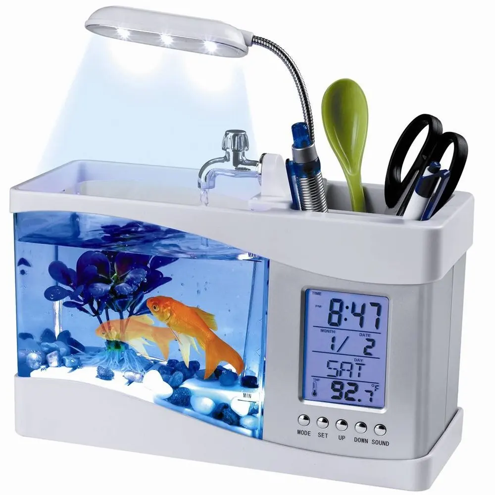 USB Desktop Aquarium Mini Fish Tank with Running Water LCD Time Clock Alarm Colorful LED Lamp Light Calendar Holds 1.5 Quart for
