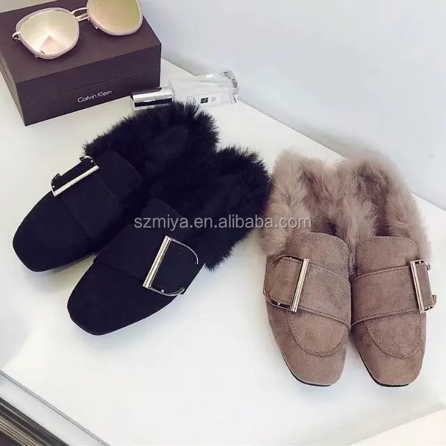 Wholesale women Flats casual Shoes fur loafer leather Mules Shoes Women