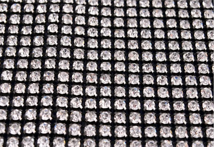 24rows 5mm sew on clear crystal rhinestone trimming mesh banding silver metal claw chain banding black base fabric