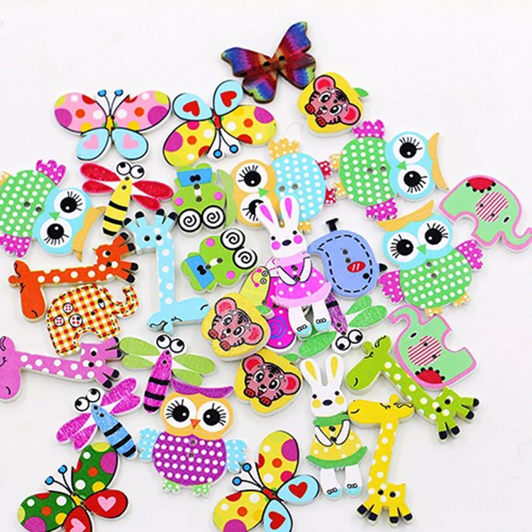 Горячая продажа 50 шт./пакет два отверстия смешанные с рисунками зверей из мультфильмов 2 отверстия деревянные детские кнопки