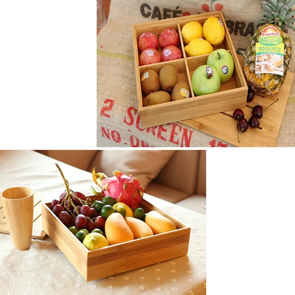atural Bamboo Wood Storage Box with Dividers Creative Multi Use as Snack Organizer Pantry Fruits Basket Serving Tray Container