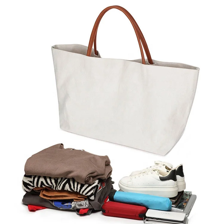Heavy Duty Blank Women Shoulder Tote Beach Bag Canvas With Leather Handle