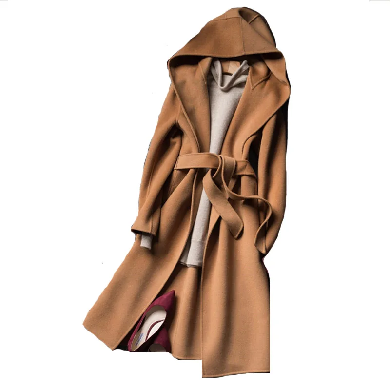 P18B151CH women cashmere wool hoodie coat with belt for ladies