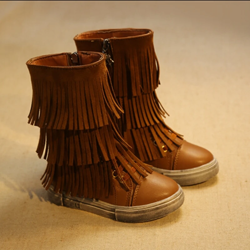 Fashion 3 Layers Kids Fringe Boots PU Leather Botte Enfant Fille Classic Mid Calf Girls Boots