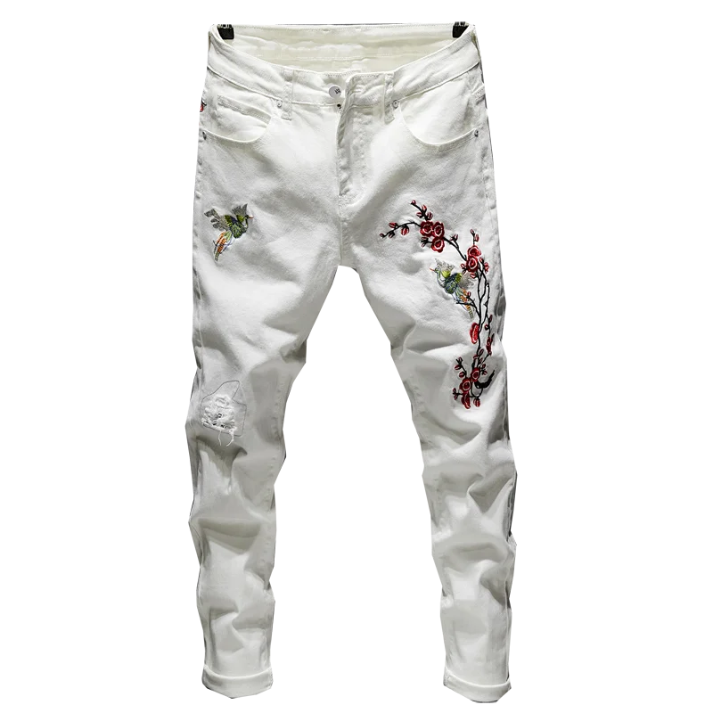 
 Мужские прямые джинсы на молнии iFashion, с вышивкой в виде цветка сливы, с застежкой-молнией, с пуговицами  