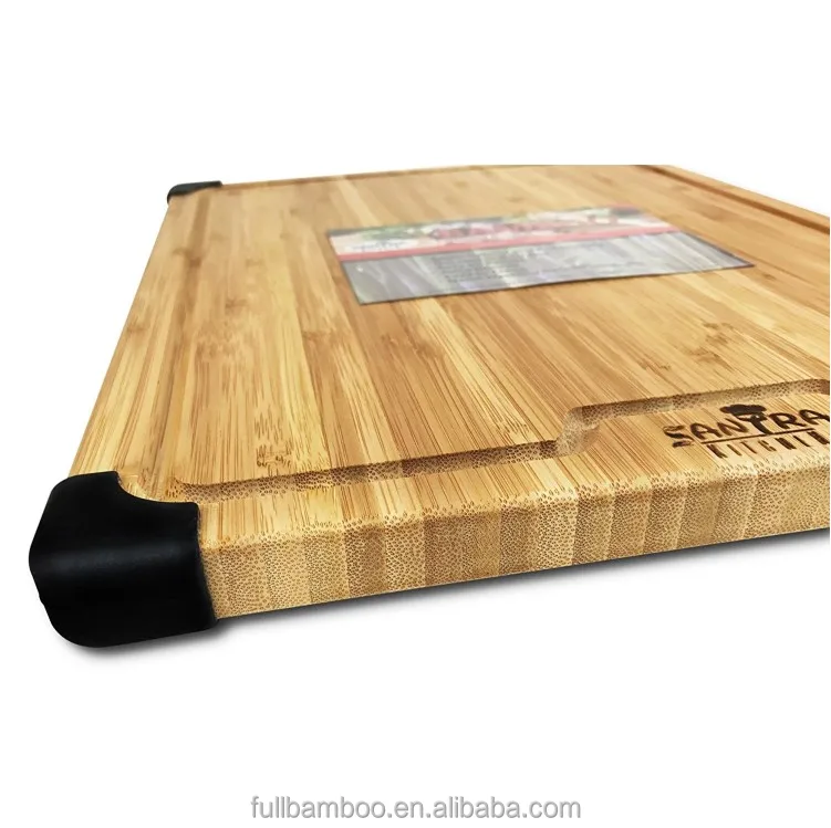 Large Bamboo Cutting Board With Non Slip Silicone Feet, Natural Organic Bamboo Chopping Board With Groove