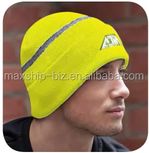OEM sports acrylic knit fluorescent hat with reflective yarn