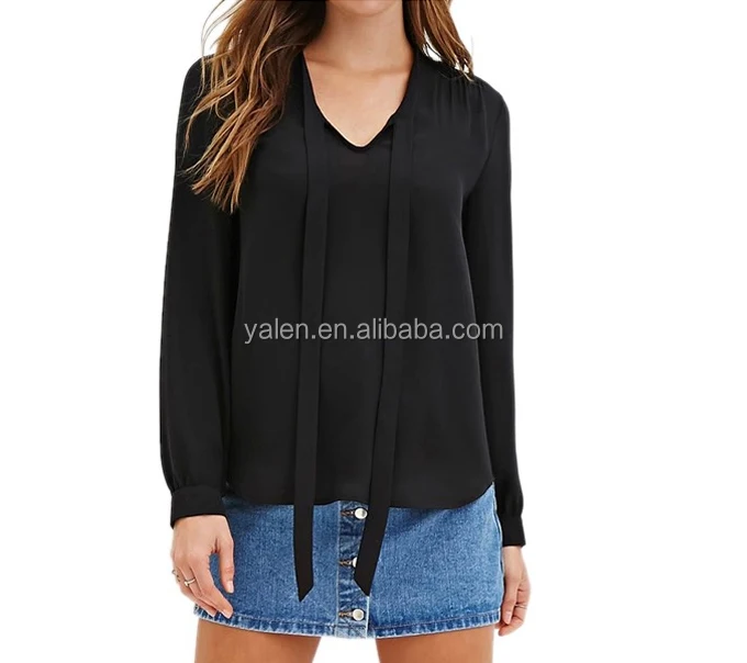 
Spring And Autumn Deep V Neck Tops With Tie Long Sleeve Blouse Designs Casual Fashion Women Plain Shirt 