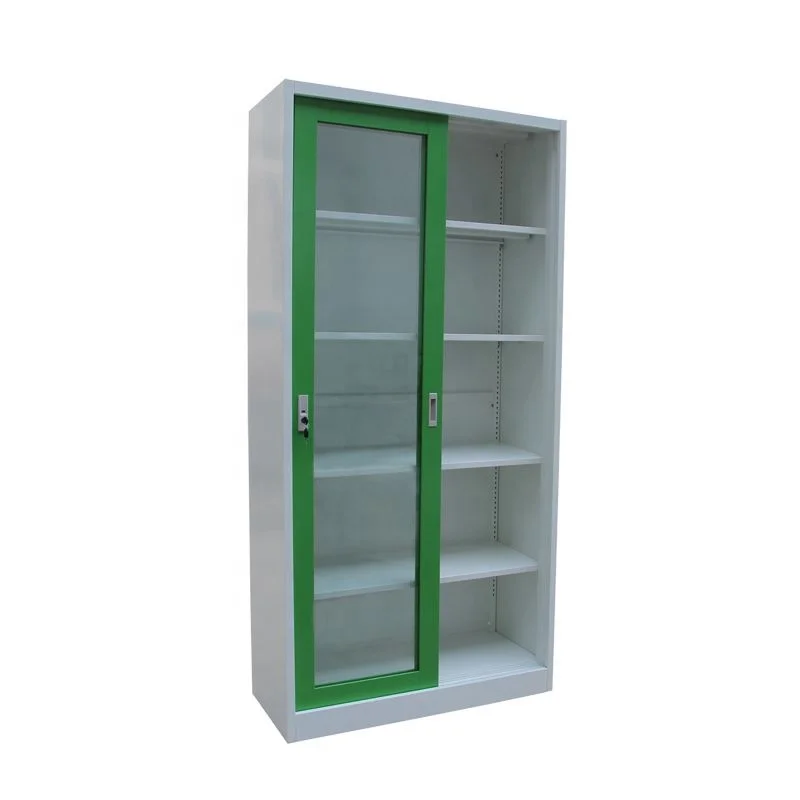 Hot Sale Steel Frame Glass Sliding Door Rolling Filing Cabinet with 4 Shelves Office Cupboards Design