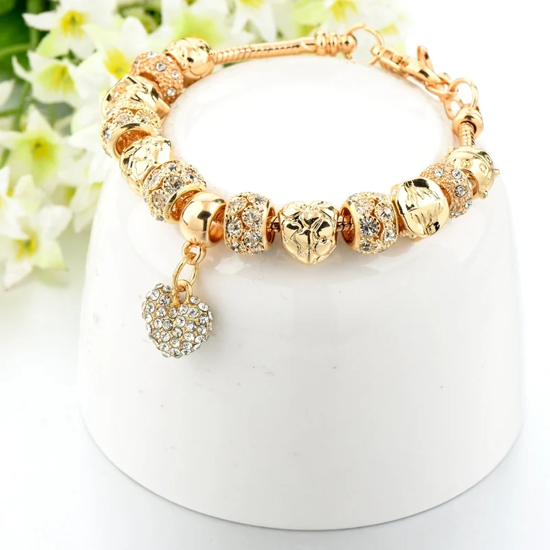 Murano glass beads gold  pendant bracelet with crystal heart pendant charm bracelet