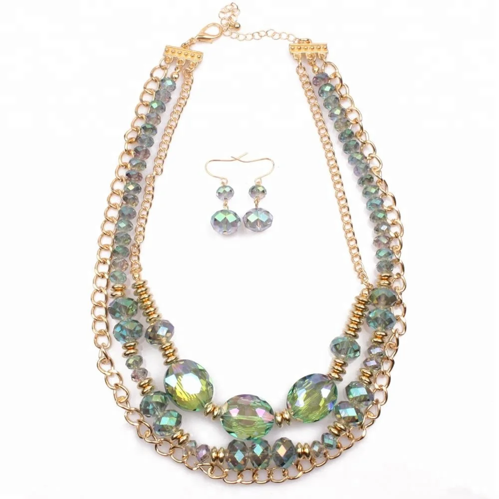 Fashion Design Handmade Glass Beads Jewelry Multi Layered Necklace And Earring Set lux jewelry