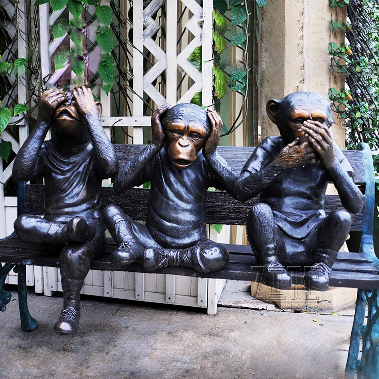 Garden Decorative Brass Animal Statue Antique Bronze 3 Three Monkeys Sculpture