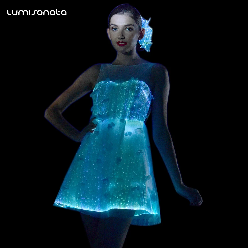 New fiber optic clothing elegant women plus size luminous glowing in the dark prom party dress