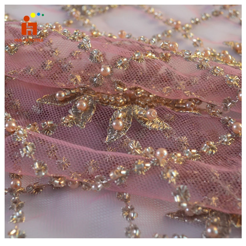 HLSD184# recycled polyester hand beaded mesh tulle sequin bead embroidery lace fabric