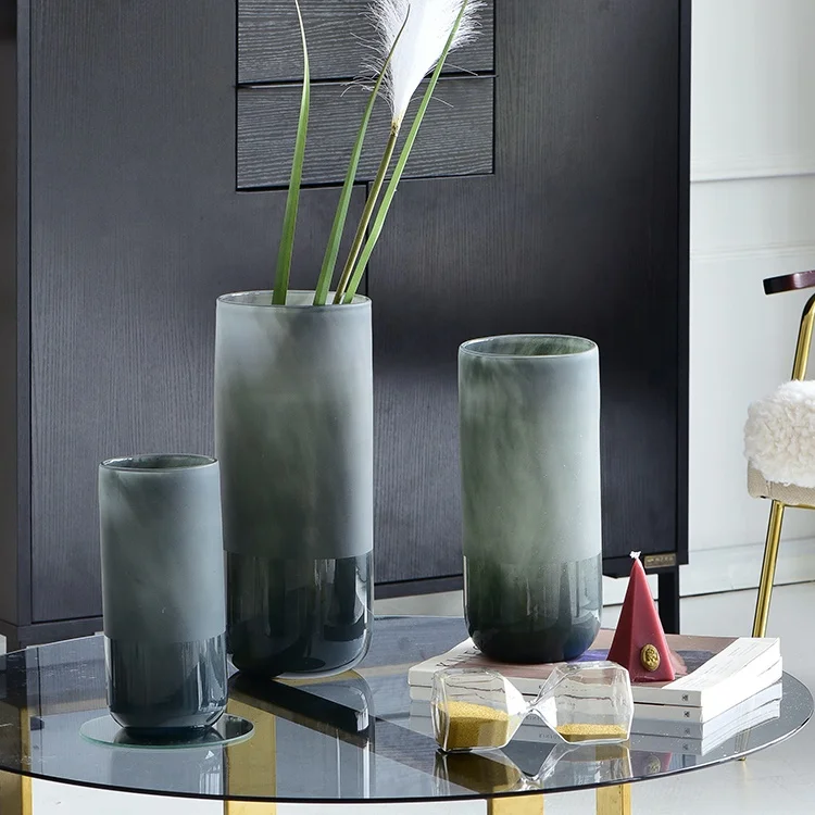 Bixuan Vases Sanded Matte Grey Handblown Glass Flower Arrangement Vase Tall Cylinder Stylish Table Decor Centerpieces Vase