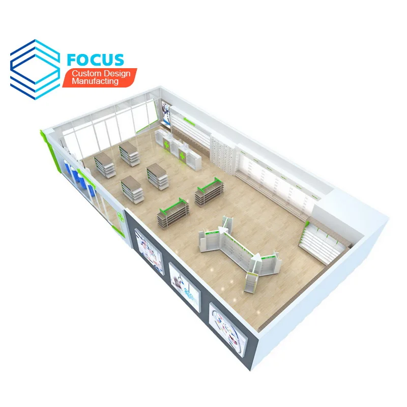 3D Design Render Retail Pharmacy Shop Interior Design Pharmacy Wood Showcase Designs For Medical Store