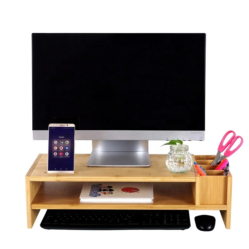 2-уровневая бамбуковая подставка для монитора ноутбука компьютерный монитор стояк с регулируемыми аксессуарами хранения