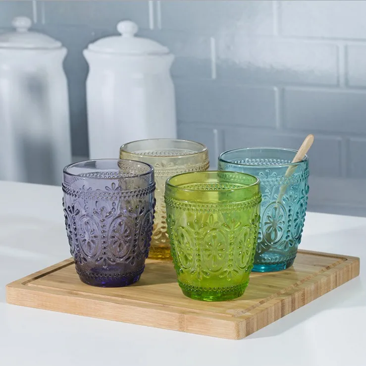 Home decor machine-pressed Green Color embossed Water Glass/Color glass tumbler