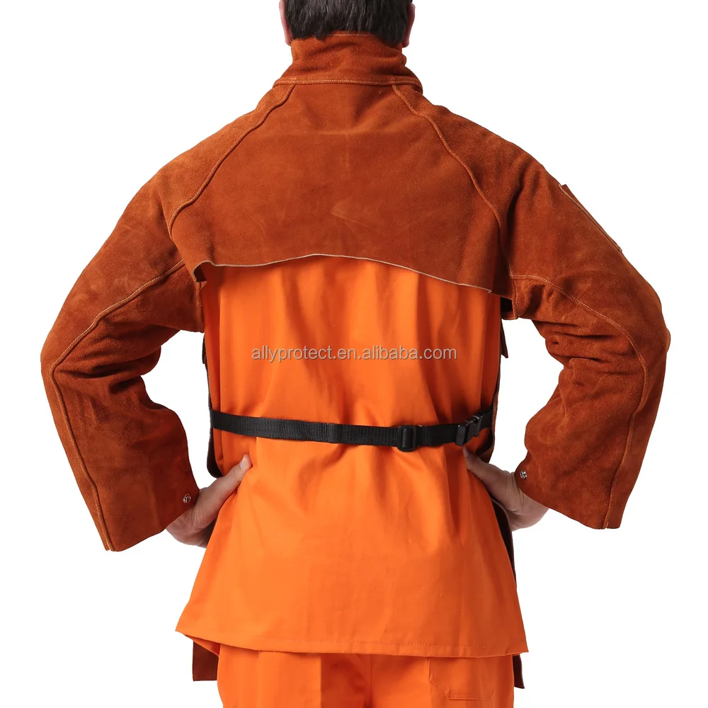 
AP-7188 A grade coffee split cowhide heat resistant leather cape sleeve with AP-7189 leather bib apron in welding clothing 