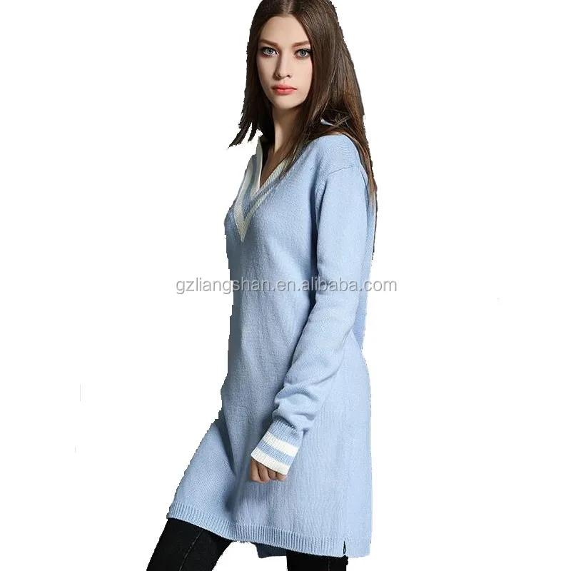 
Wholesale 2016 New Arrival Fashion V Collar Long Sleeve Straight Slit Sweater Dress 