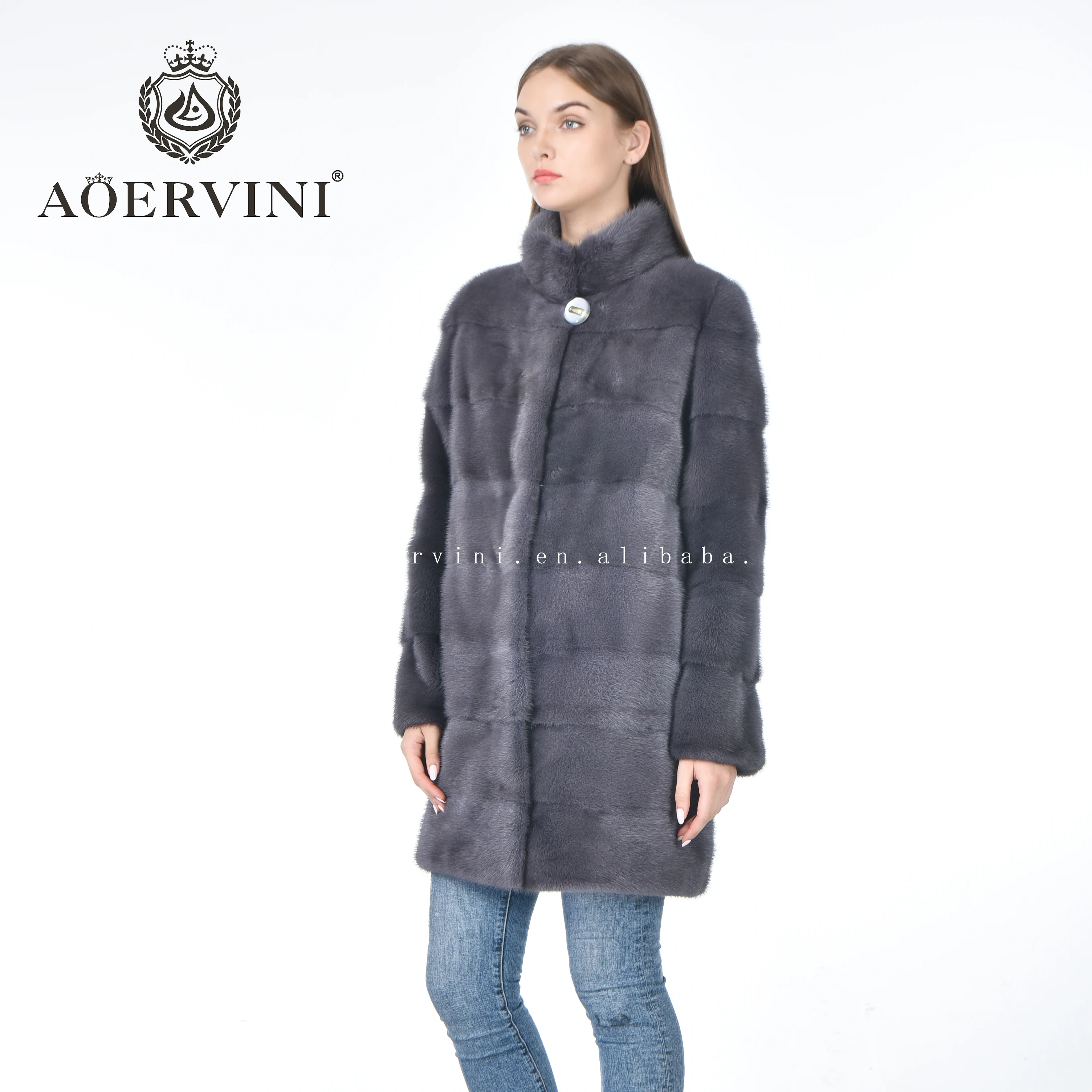 
Fashion classic standing collar hot selling gray women mink fur coat 