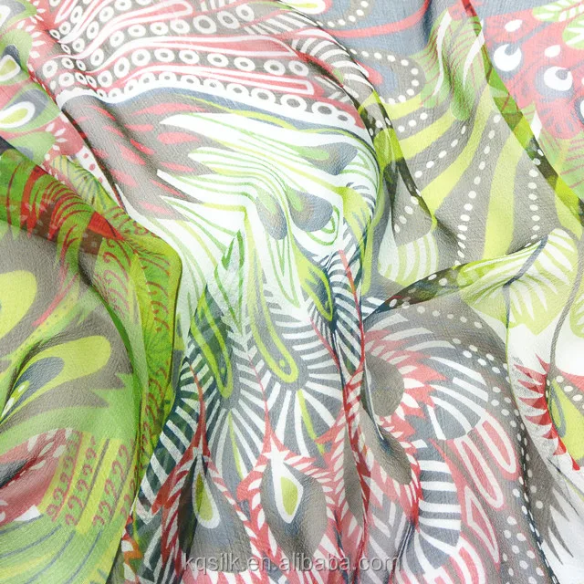 100% silk georgette with peacock feathers