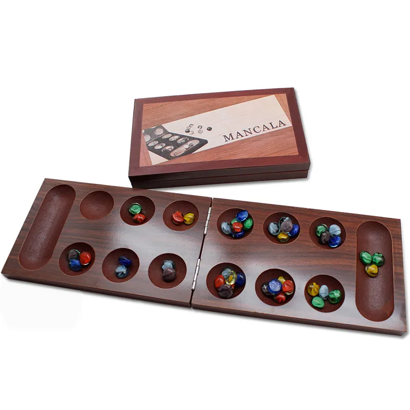 Mancala Board Game Set by GrowUpSmart with Dark Folding Wooden Board + Beautiful Multi Color Glass Beads - Smart tactical game f
