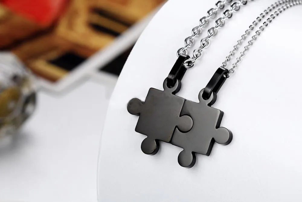 Stainless Steel Cute Couples Puzzle Necklace Pendant Piece Charms Plated Color Sweethearts Necklaces for Christmas Gift