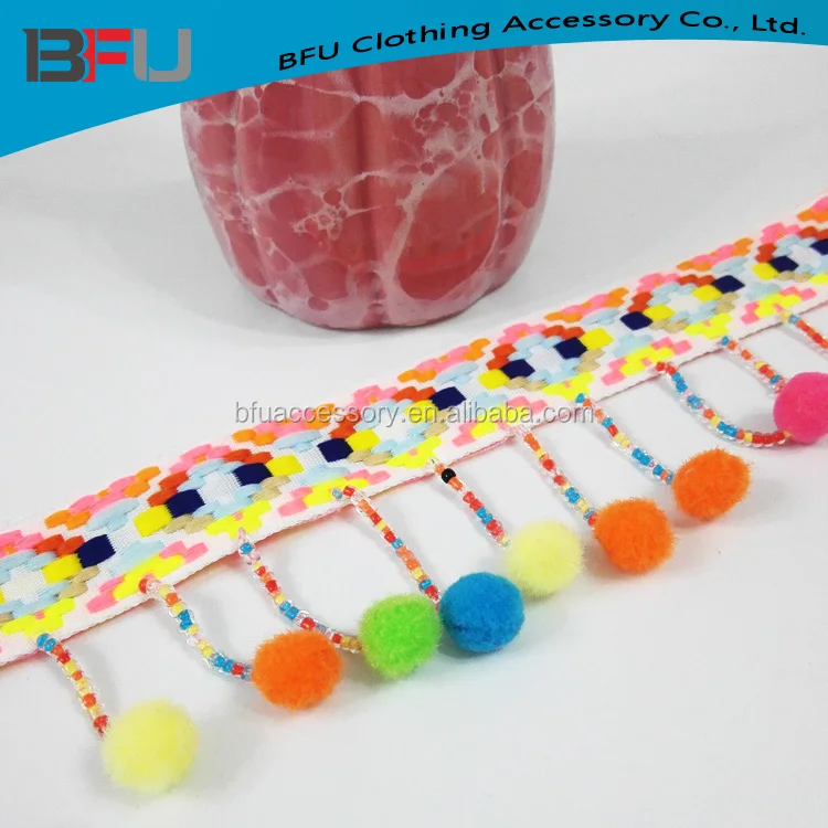 colorful pom pom tasssel beaded trim pompom fringe