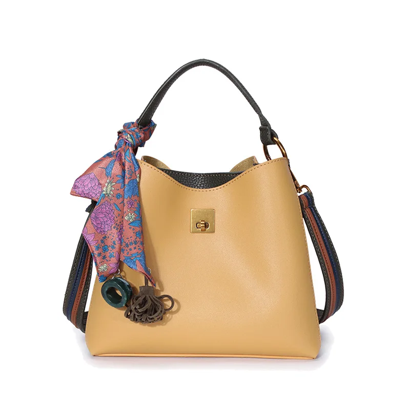 
Elegant new color contrast bucket bags for women 2019 with metal square lock ladies handbags Tote with decoration 