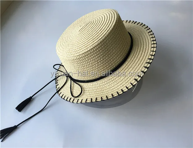 
New Arrival Flat Top Kids Paper Straw Boater Hat With Ribbon For Sale <span style=