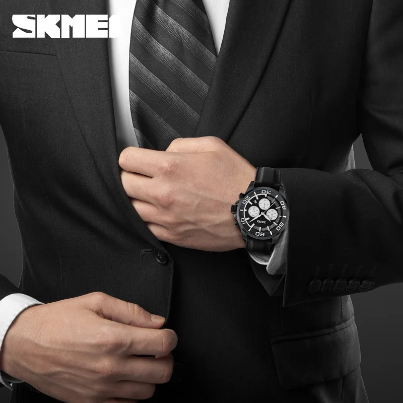 SKMEI 9154 mens luxy three dial genuine leather quartz watch