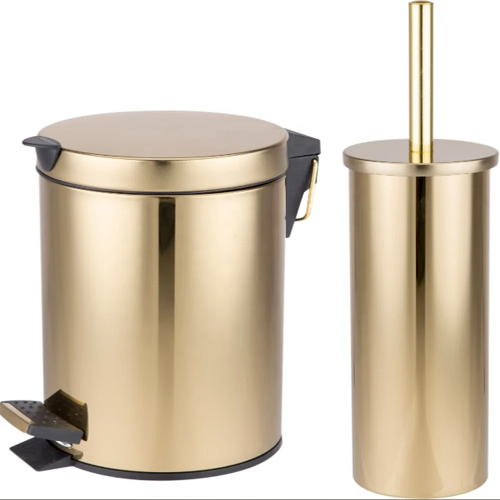 Golden 2pcs bathroom accessories stainless steel bathroom sets metal pedal waste bin with toilet brush holder sets