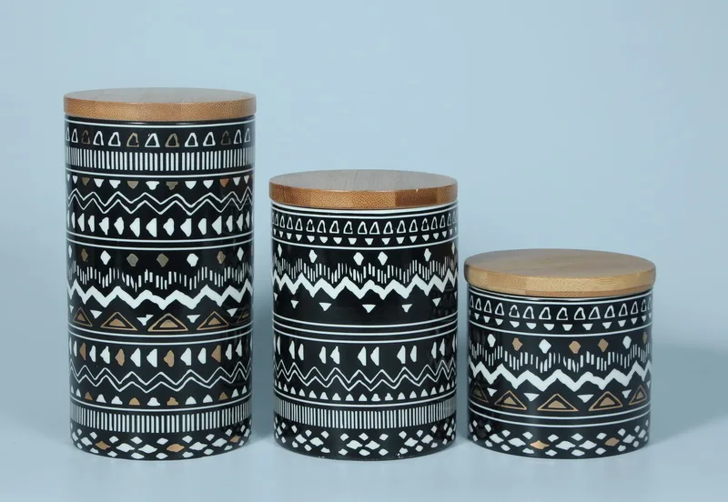 Geometric pattern ceramic candy cookie jar with bamboo lid