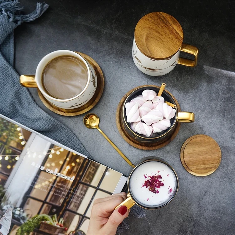 Royal style gold rim 11oz ceramic cappuccino tea coffee cup with wood saucer