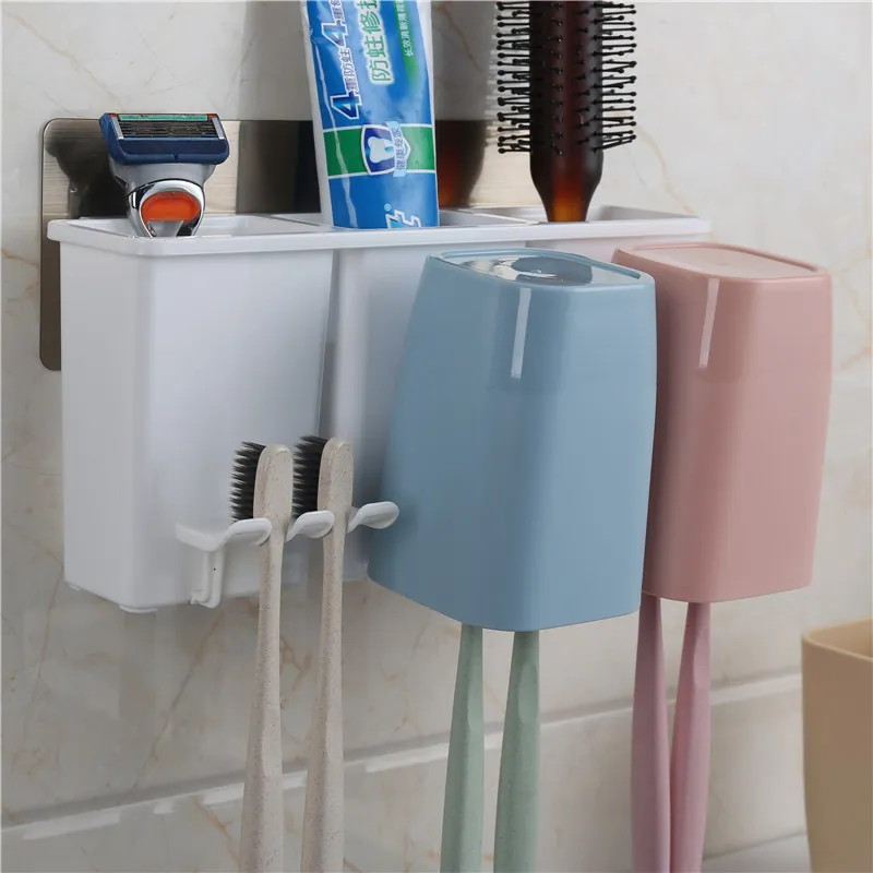 Hot Selling Modern Family  Bathroom Accessories Plastic Toothbrush Toothpaste Holder Set With Storage Rack