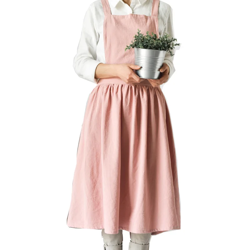 Promotional custom logo cotton and linen dressy apron with ruffle for women