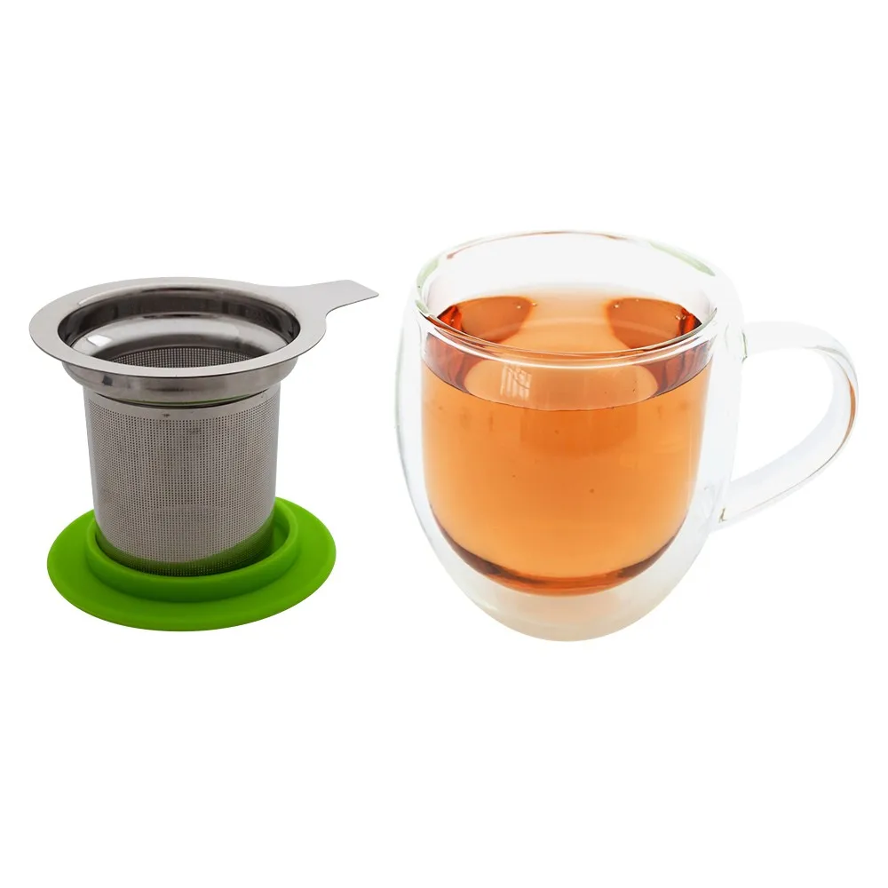 wholesale clear office use double wall with handle handmade glass tea filter mug