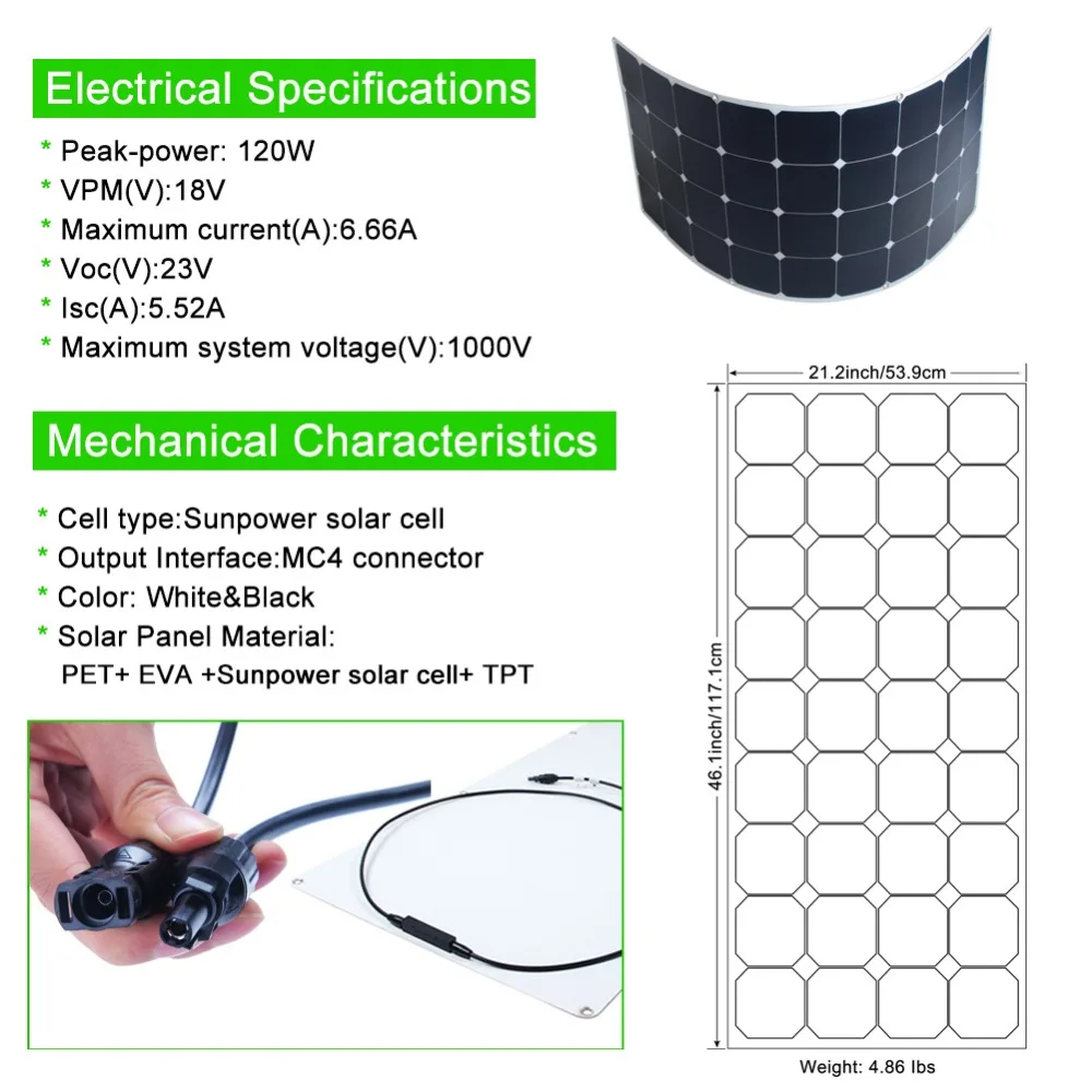 Semi flexIble monocrystalline 120w solar panel for 12v  battery