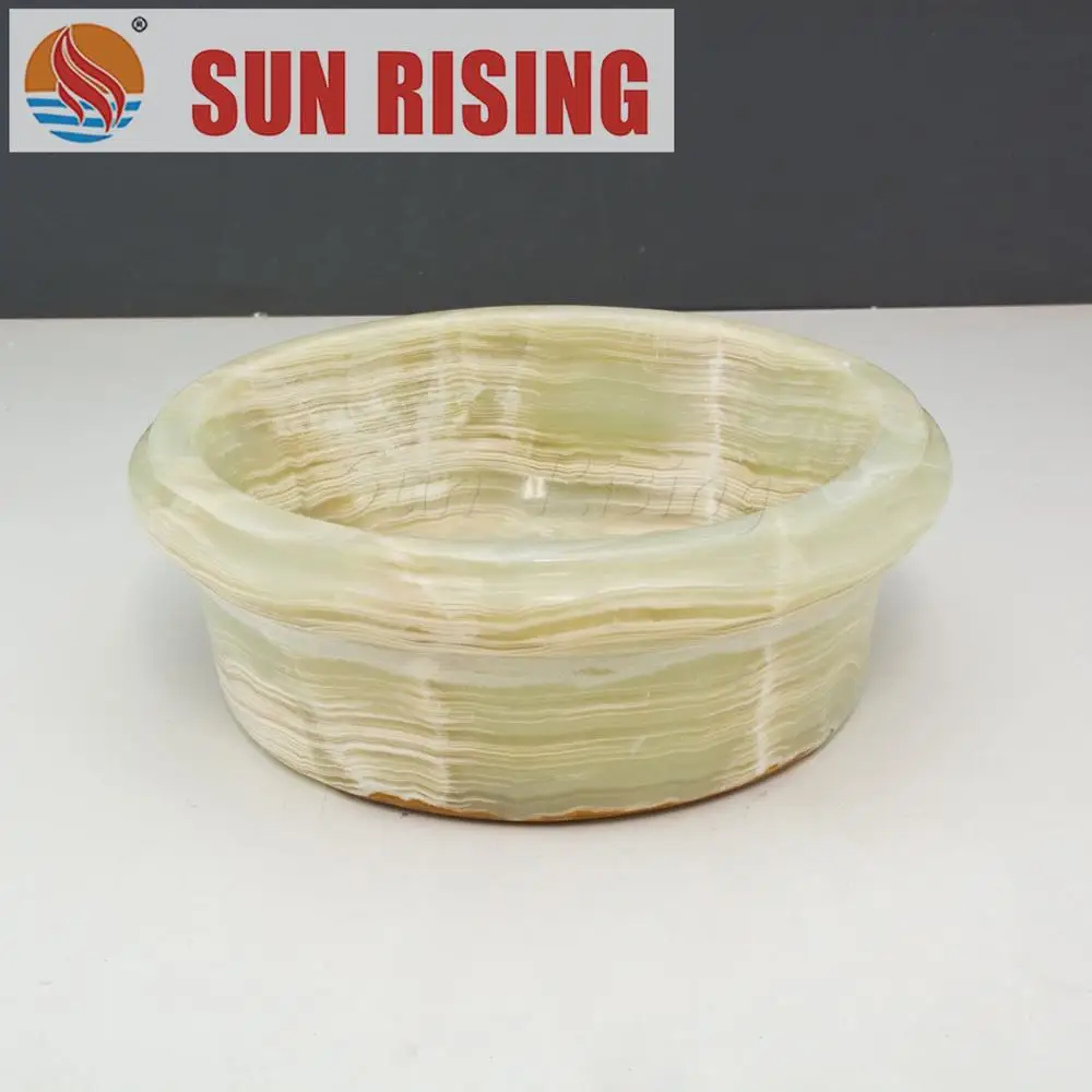 Highly Polished Natural Stone Marble Green Onyx Bathroom Vessel Sinks Round Stone Basin