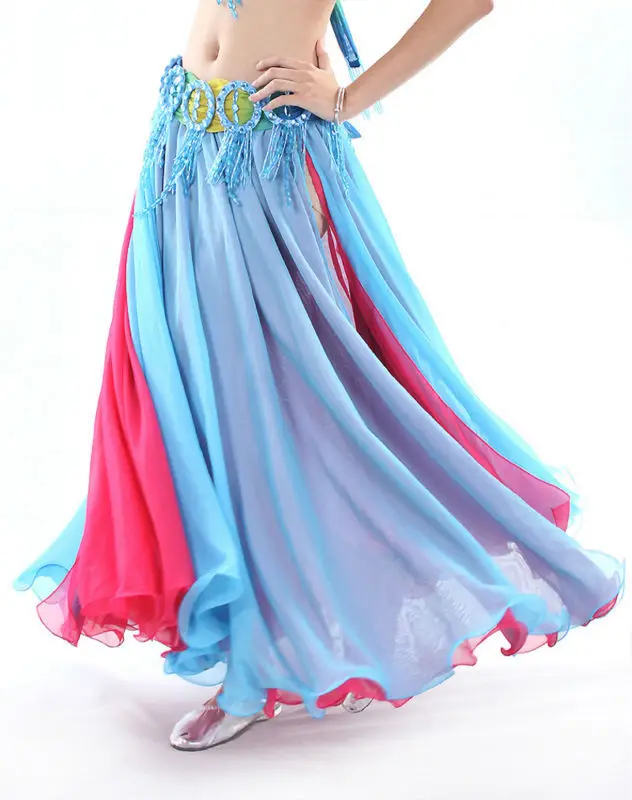 Hot Sale Contrast Colors Women Belly Dance Skirts Side Split Full Circle Long Bellydance Skirt Chiffon Ballroom Dance skirt