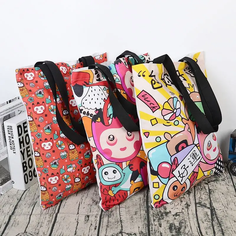 Пользовательская черная ручка полноцветная мультяшная сублимационная печать холст хлопчатобумажная сумка для шоппинга для женщин
