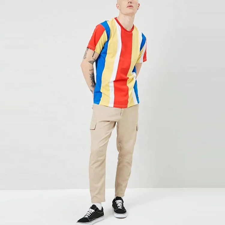 t shirt men crew neck short sleeves color block t shirts in bulk with multicolor stripes