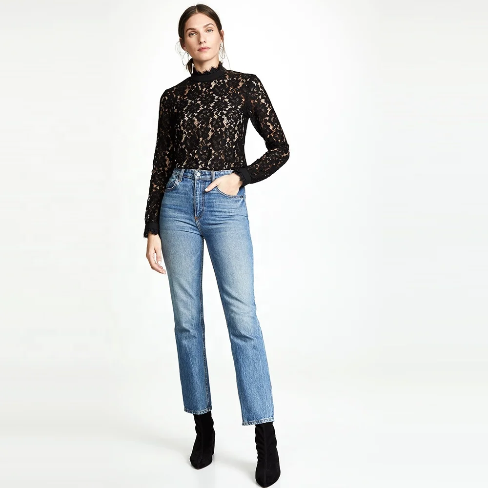 Autumn ladies long sleeves blouses tops black lace blouses shirts