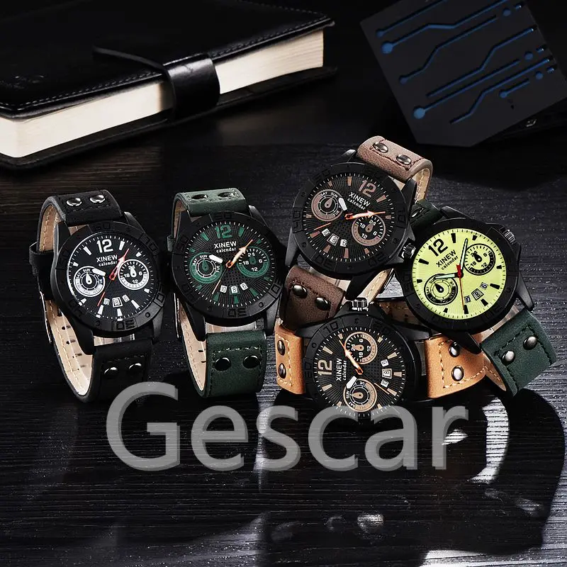 
100pcs/lot xinew-2170 big round dial man leather belt calendar charming sport xinew watch for man 