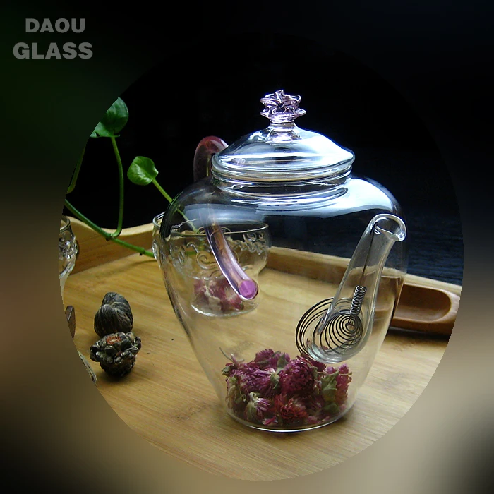 
novelty heat resistant pyrex glass tea sets with teapot,Blooming flower tea special teapot, Pink handle and rose lid 