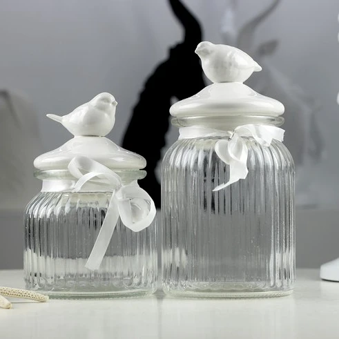 Rabbit Ceramic Lid Competitive Price Vertical stripes glass jars candy for mance Carton Package Glass Canister Jar