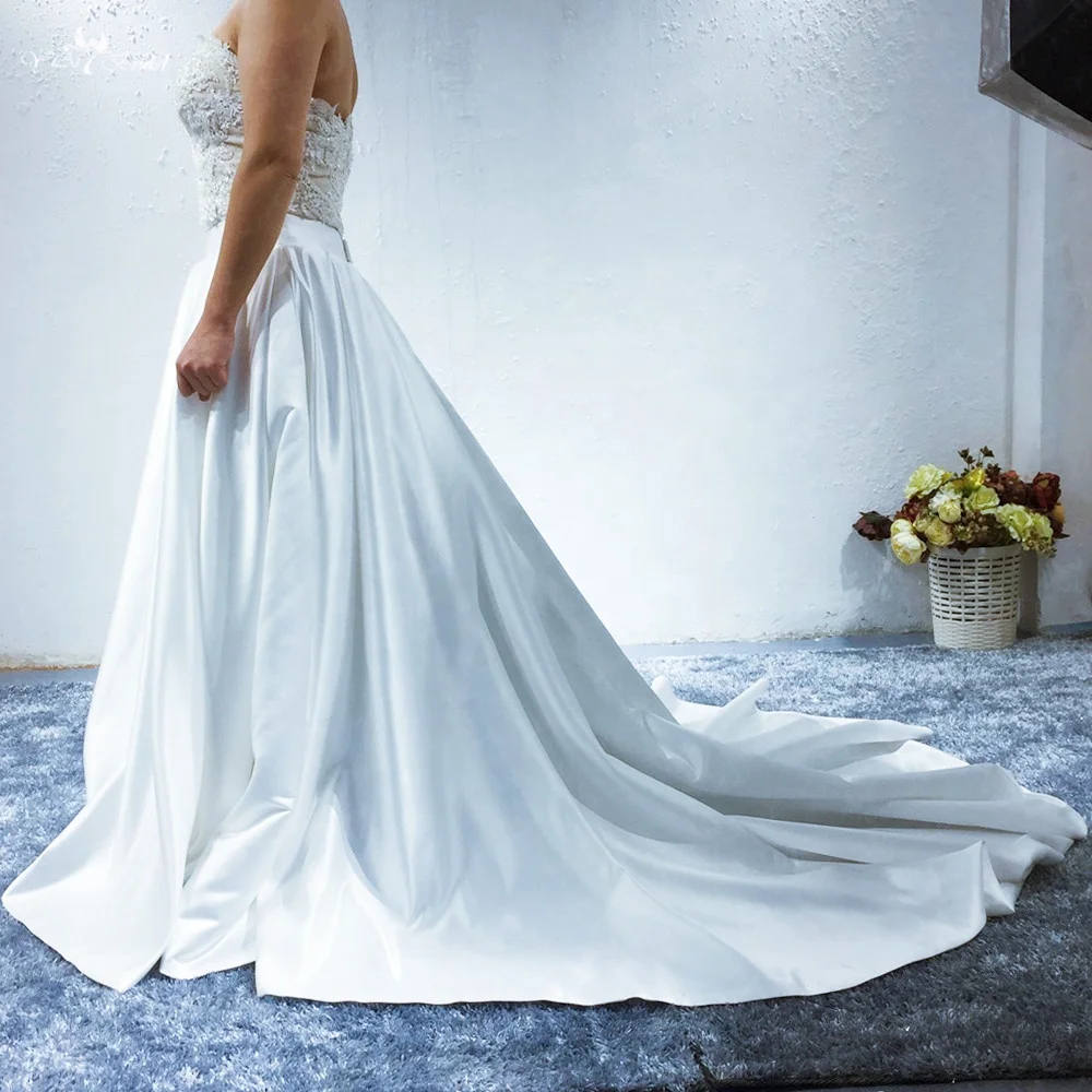 LZ286 Detachable Long Train Satin Wedding Dress Sweetheart Neckline Beaded Lace Luxury Dress 3-D Flowers Jumpsuit Women