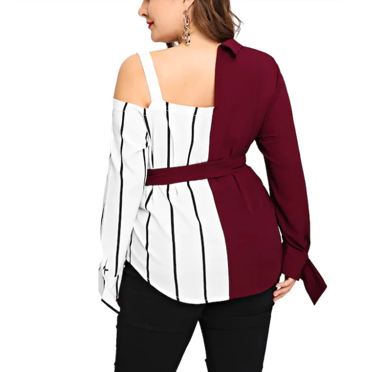 Wholesale Plus size Women Blouse  Fashion Casual Long Sleeve Lapel Vertical striped  Blouse